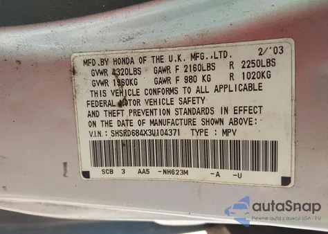 2003 Honda Cr-V Lx z USA, uszkodzony, nr VIN SHSRD684X3U104371
